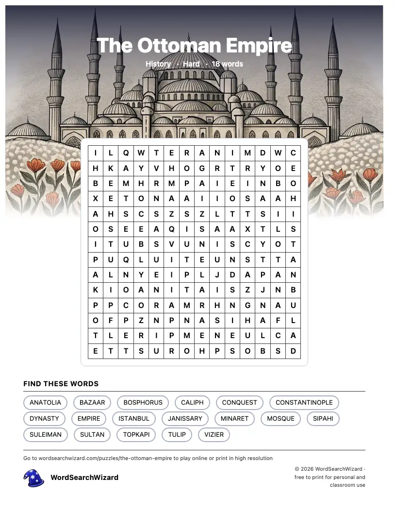 The Ottoman Empire word search printable sheet, 18 words to find