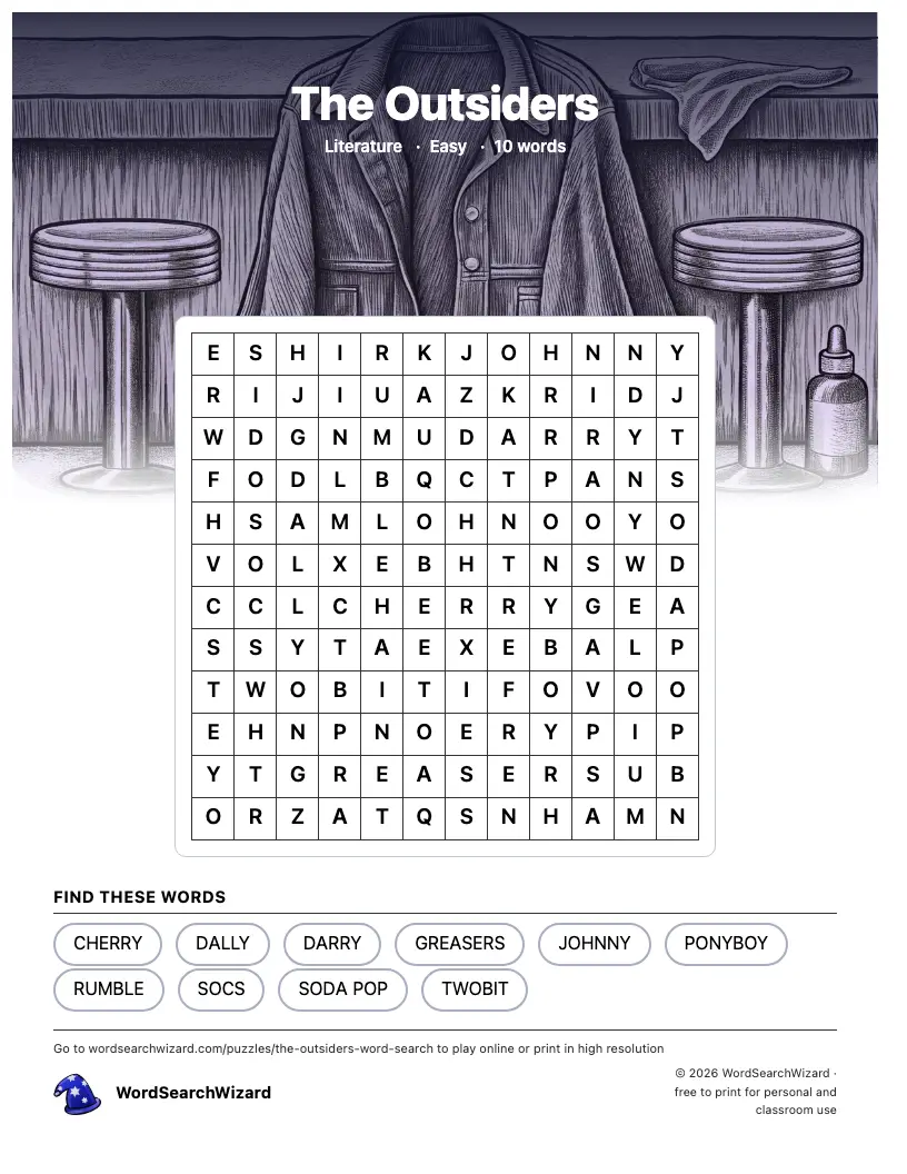 The Outsiders word search printable sheet, 10 words to find