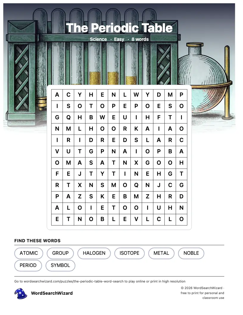 The Periodic Table word search printable sheet, 8 words to find