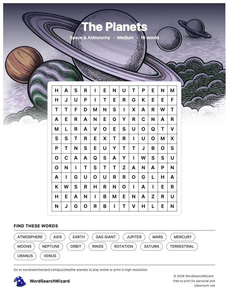 The Planets word search printable sheet, 16 words to find