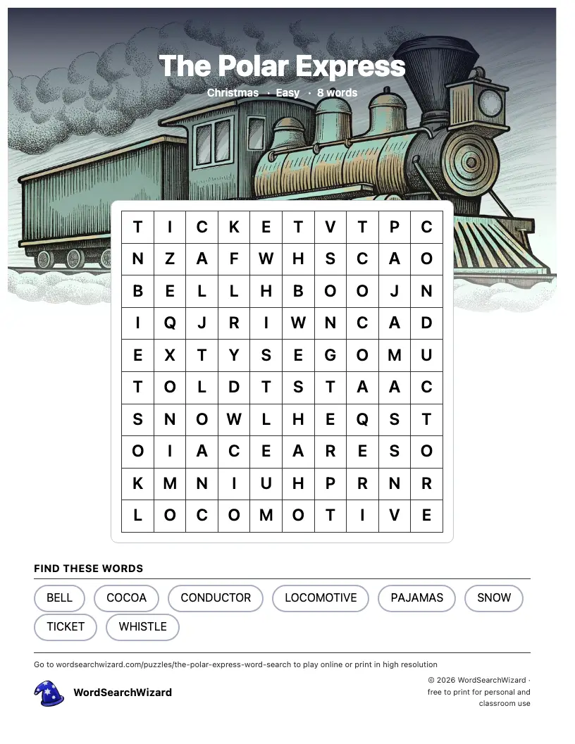 The Polar Express word search printable sheet, 8 words to find