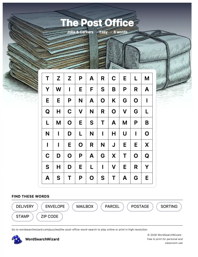 The Post Office word search printable sheet, 8 words to find