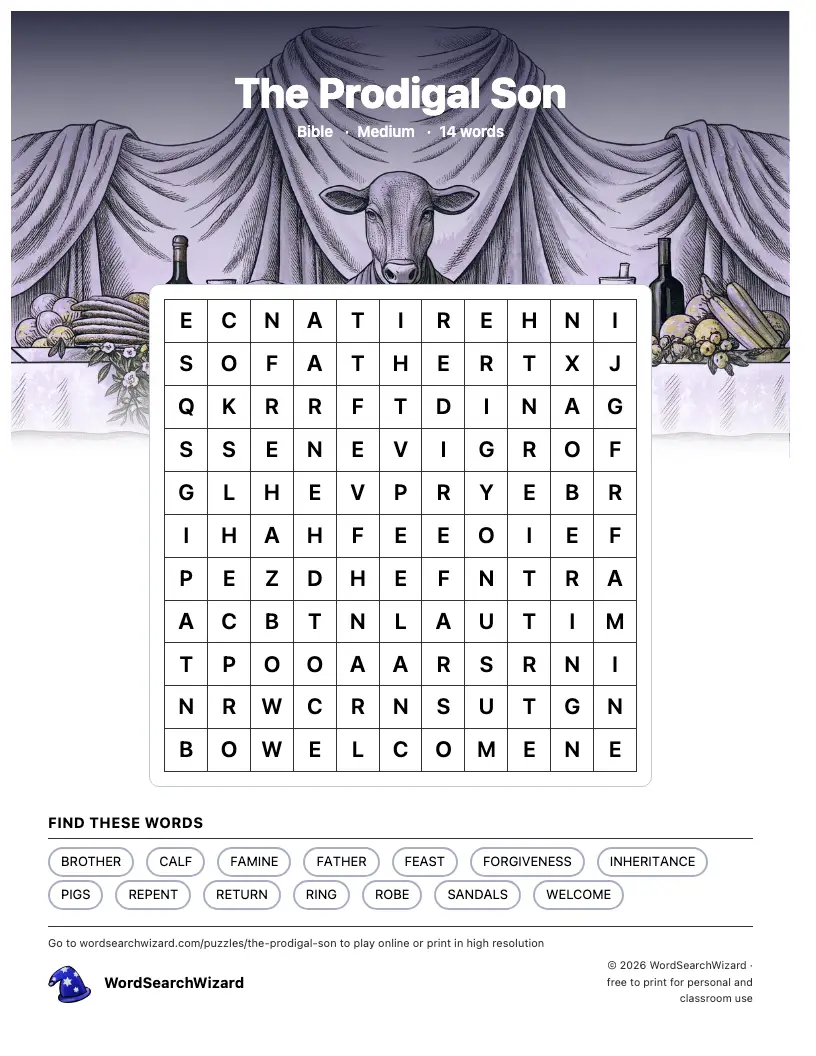 The Prodigal Son word search printable sheet, 14 words to find