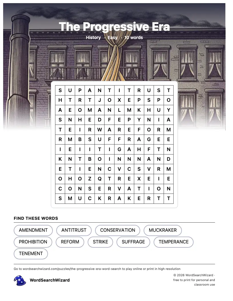 The Progressive Era word search printable sheet, 10 words to find
