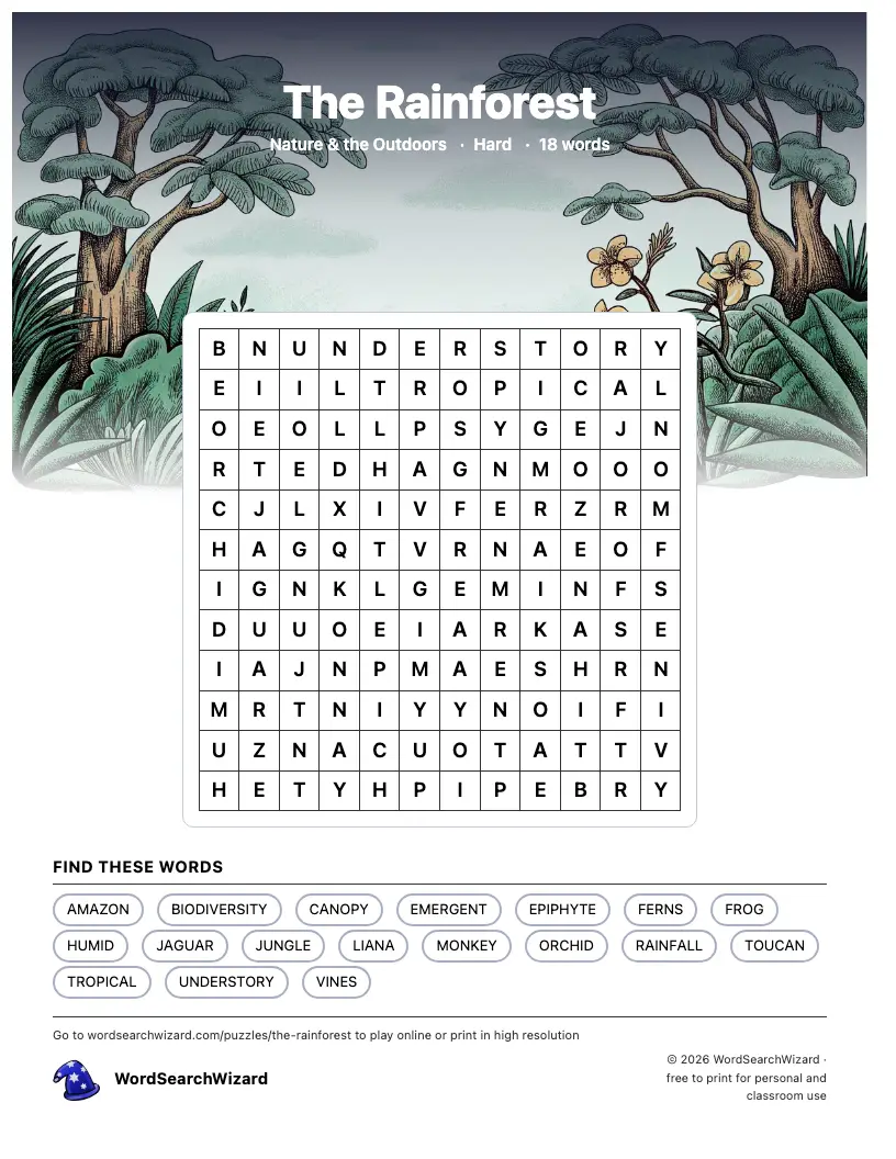 The Rainforest word search printable sheet, 18 words to find
