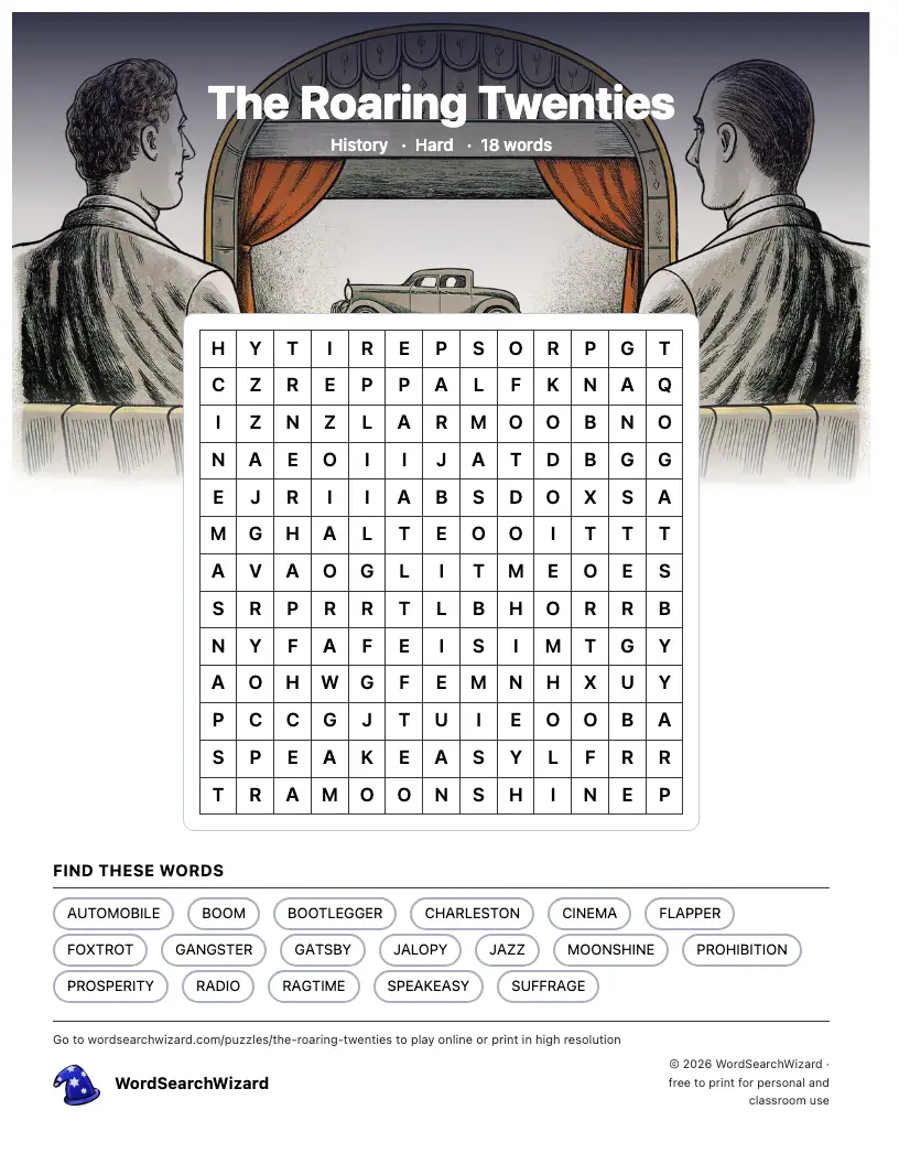 The Roaring Twenties word search printable sheet, 18 words to find