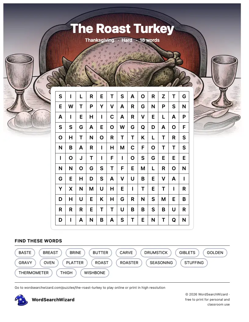 The Roast Turkey word search printable sheet, 18 words to find