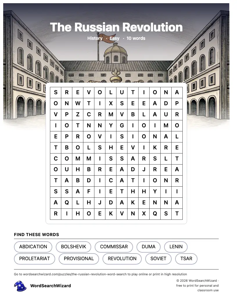 The Russian Revolution word search printable sheet, 10 words to find