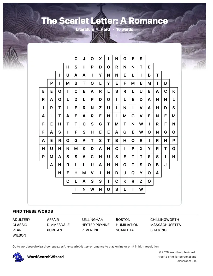 The Scarlet Letter: A Romance word search printable sheet, 16 words to find
