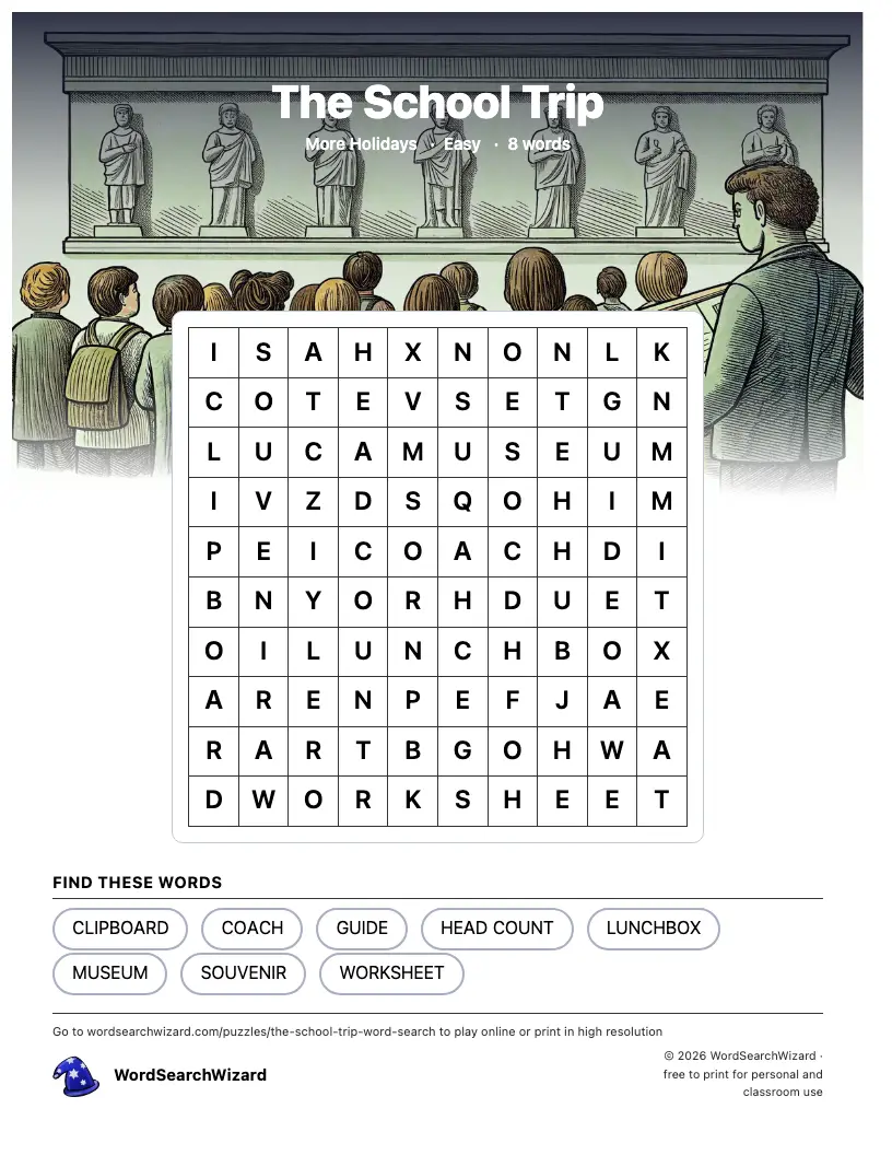 The School Trip word search printable sheet, 8 words to find