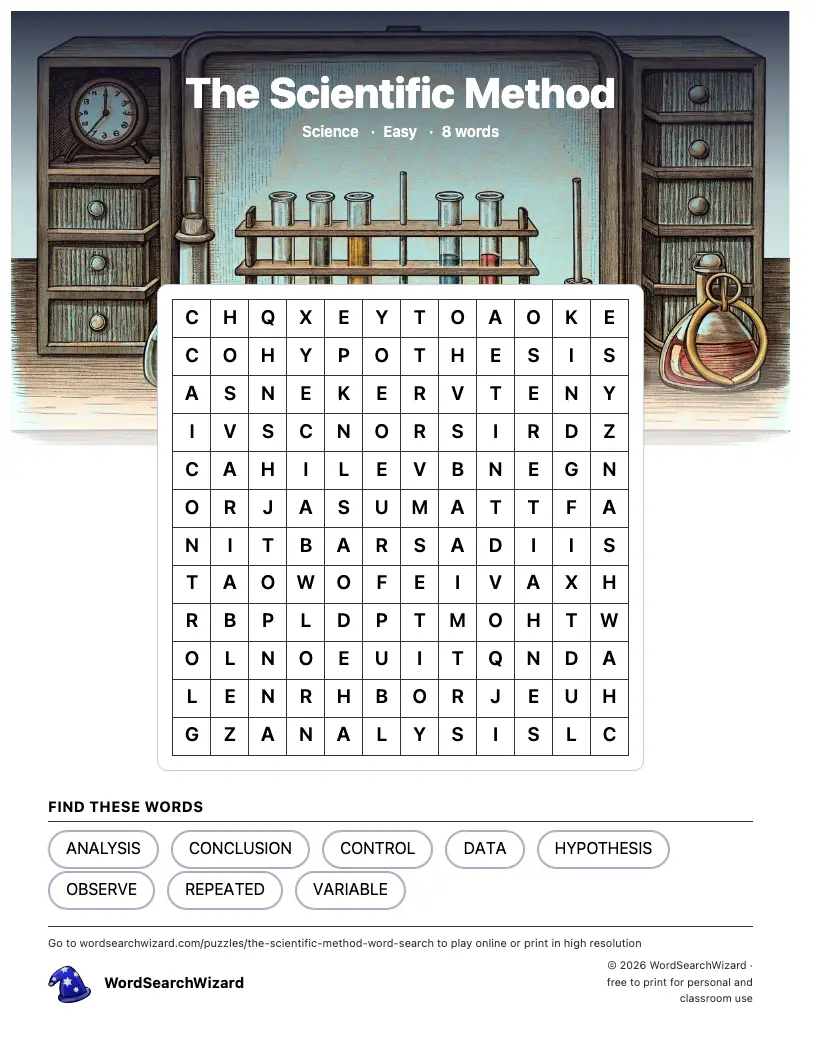 The Scientific Method word search printable sheet, 8 words to find