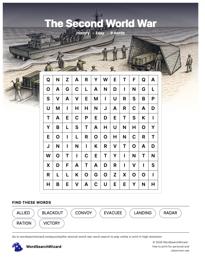 The Second World War word search printable sheet, 8 words to find