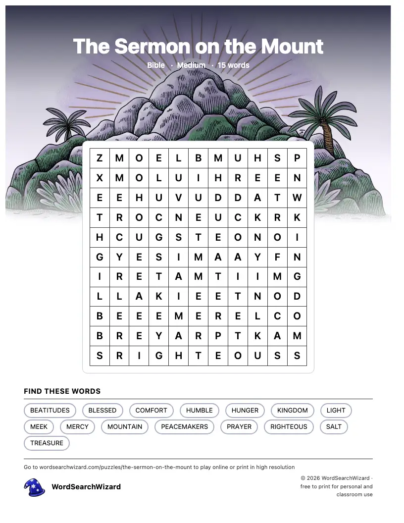 The Sermon on the Mount word search printable sheet, 15 words to find