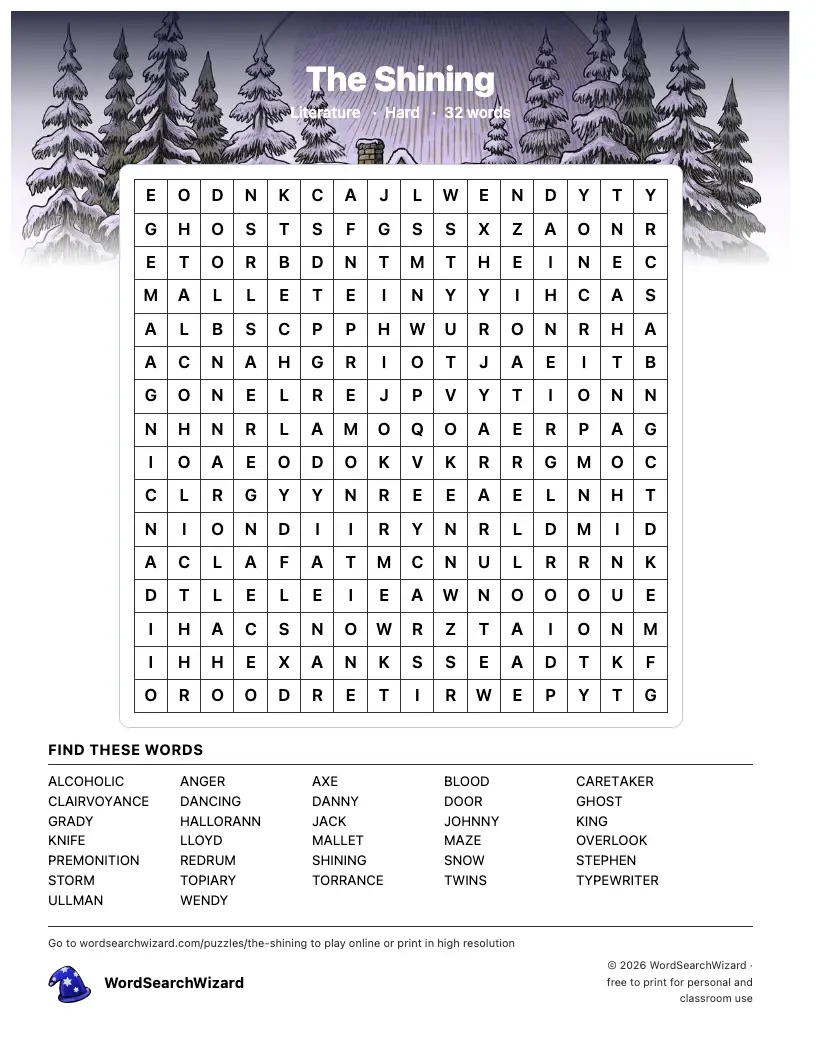 The Shining word search printable sheet, 32 words to find
