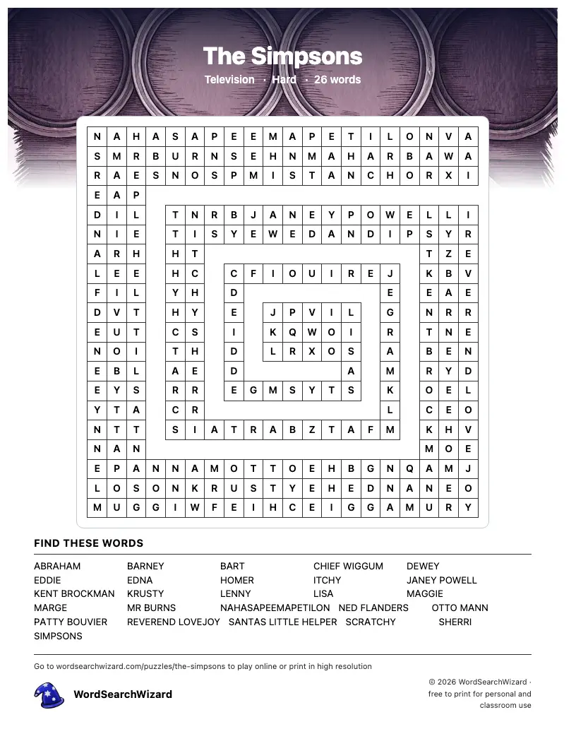 The Simpsons word search printable sheet, 26 words to find