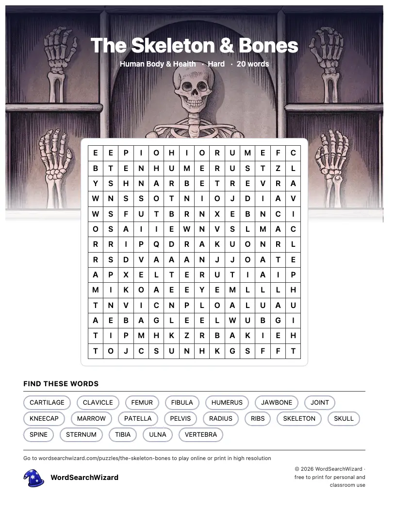 The Skeleton & Bones word search printable sheet, 20 words to find