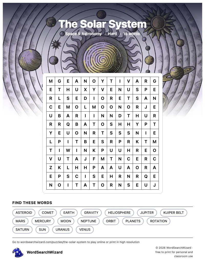 The Solar System word search printable sheet, 18 words to find