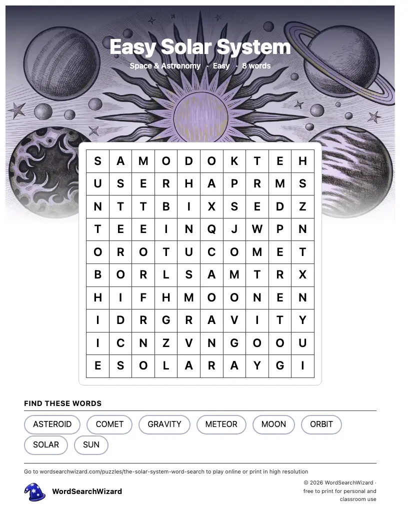 Easy Solar System word search printable sheet, 8 words to find