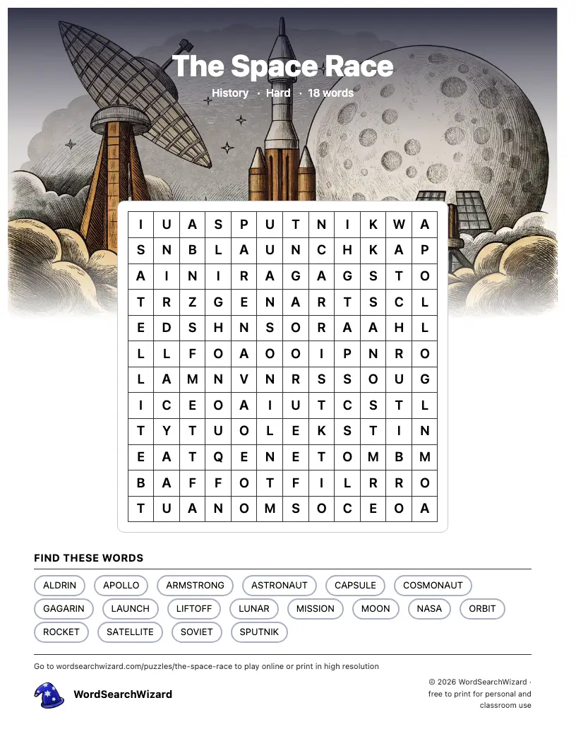 The Space Race word search printable sheet, 18 words to find