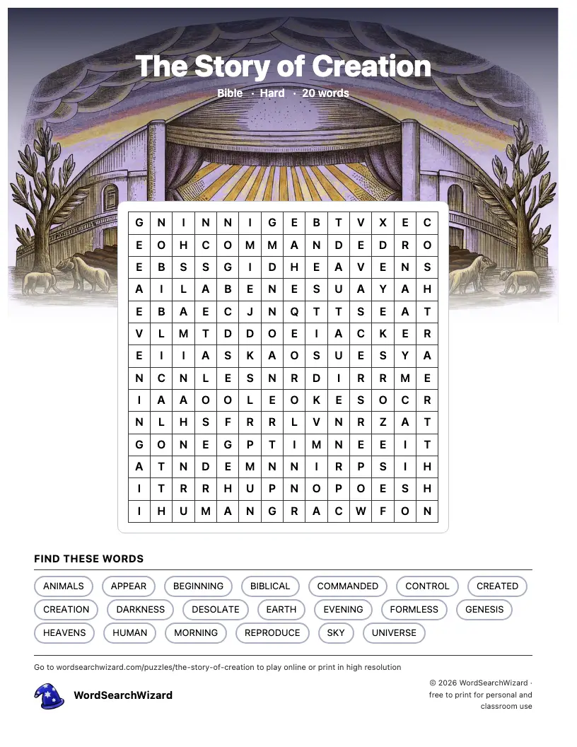 The Story of Creation word search printable sheet, 20 words to find