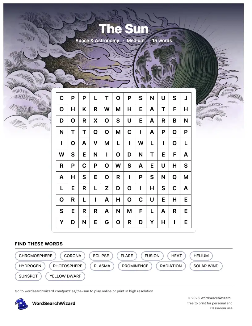 The Sun word search printable sheet, 15 words to find