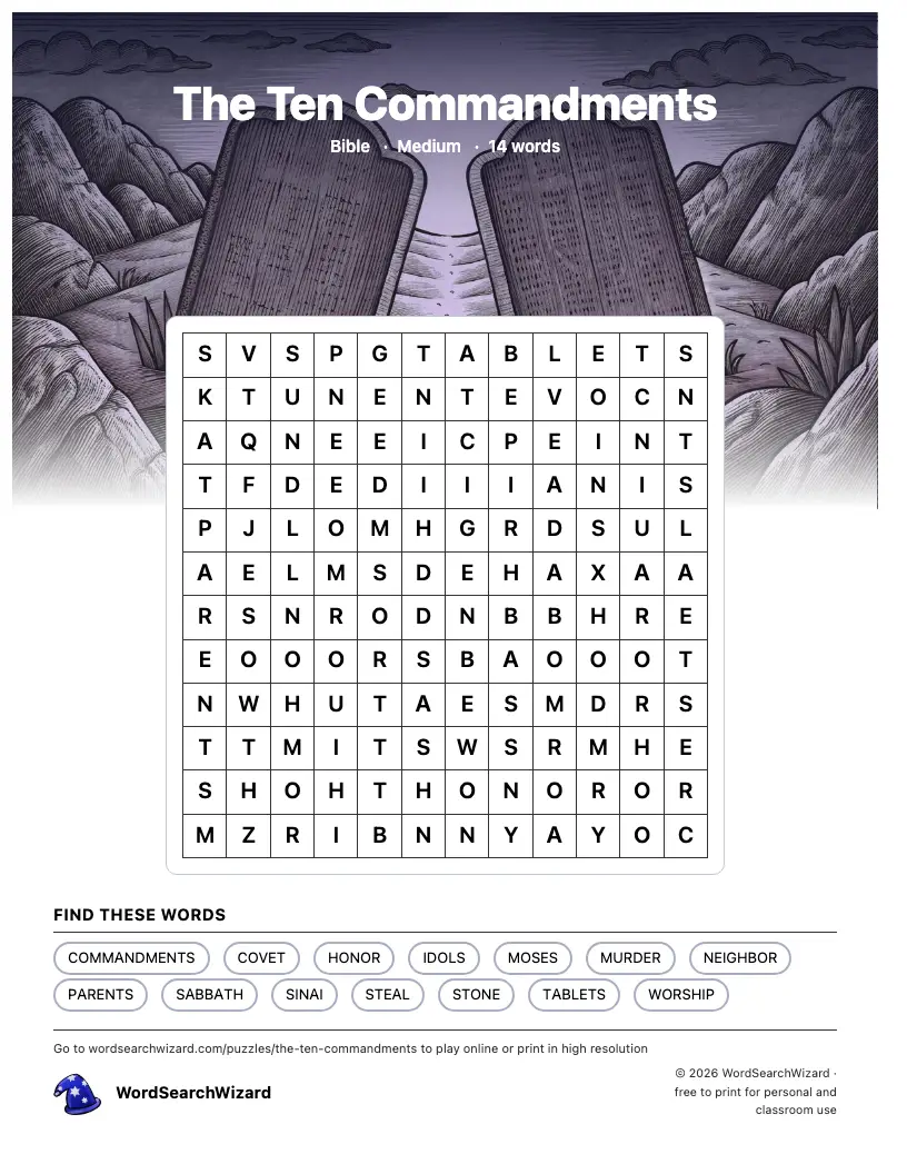 The Ten Commandments word search printable sheet, 14 words to find