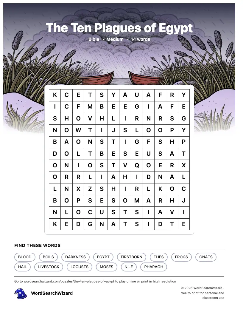 The Ten Plagues of Egypt word search printable sheet, 14 words to find
