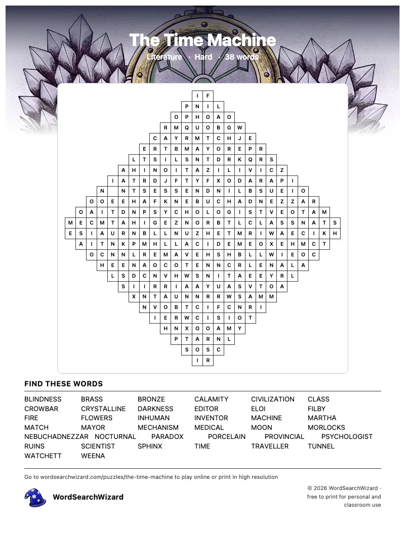 The Time Machine word search printable sheet, 38 words to find