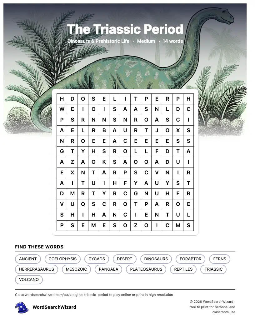 The Triassic Period word search printable sheet, 14 words to find