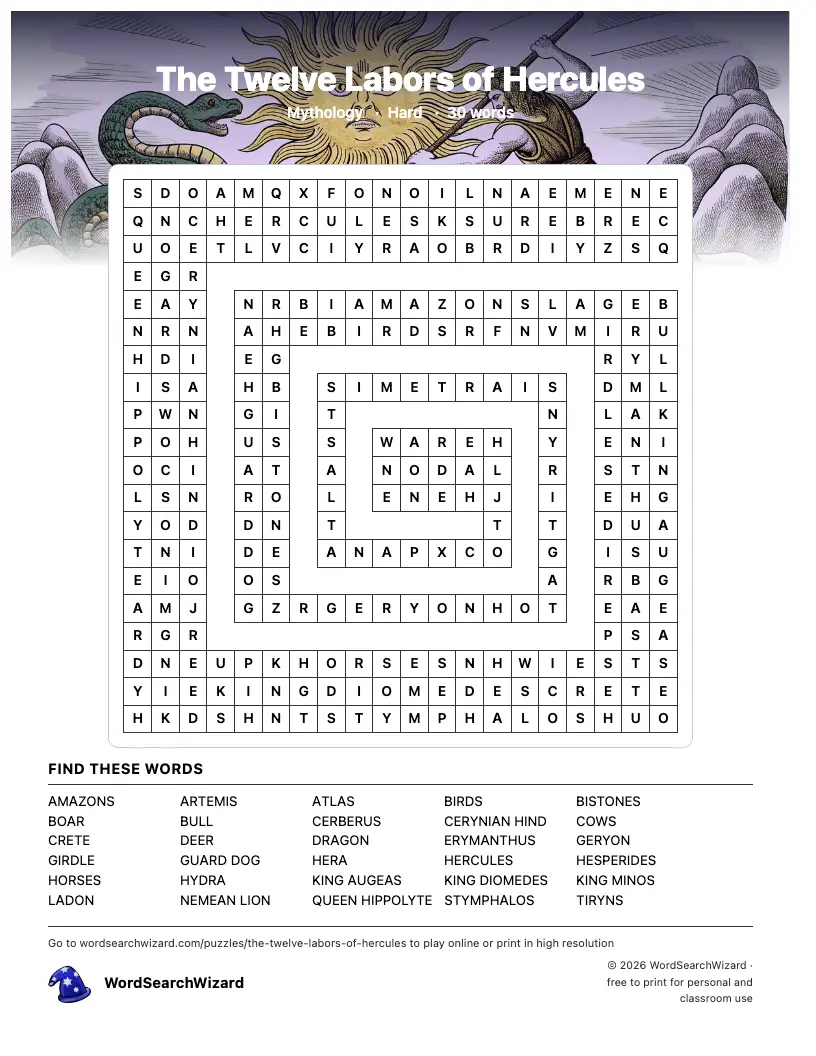 The Twelve Labors of Hercules word search printable sheet, 30 words to find