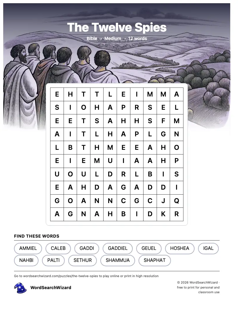 The Twelve Spies word search printable sheet, 12 words to find