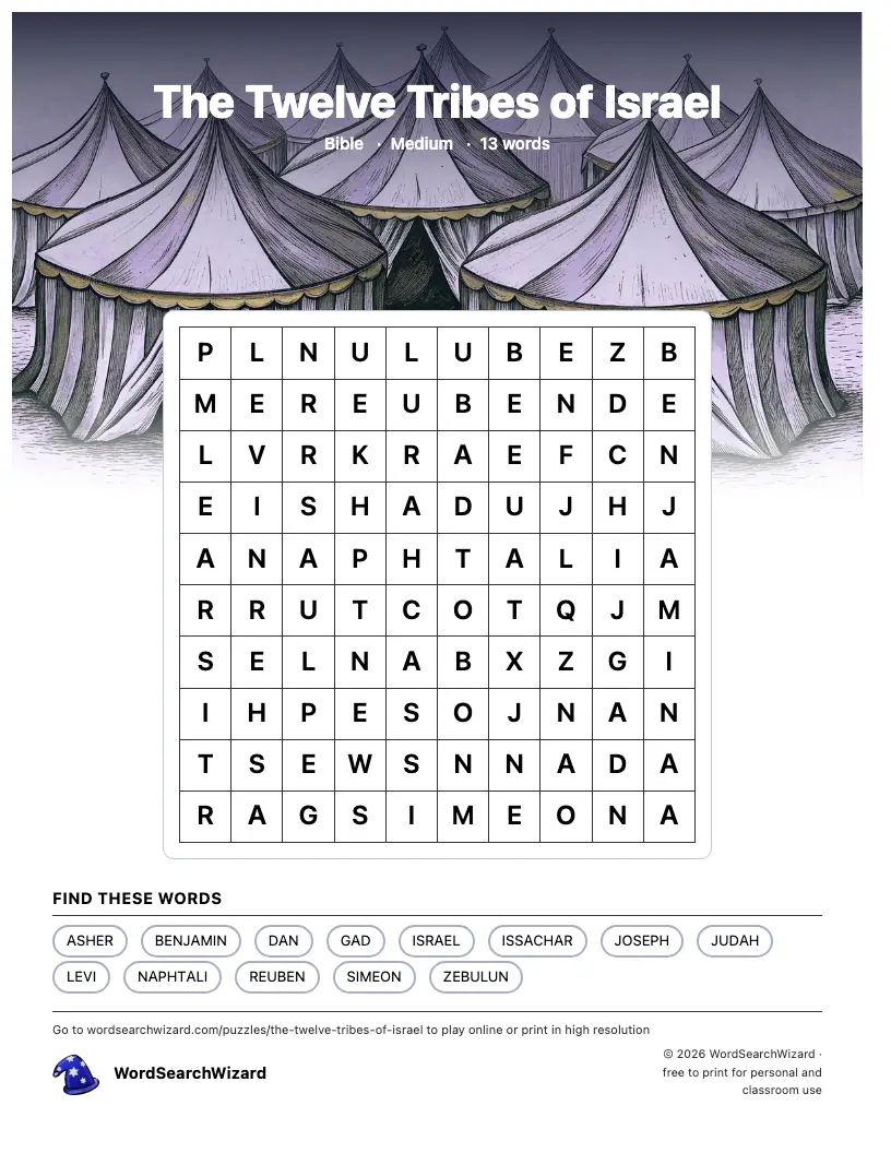 The Twelve Tribes of Israel word search printable sheet, 13 words to find