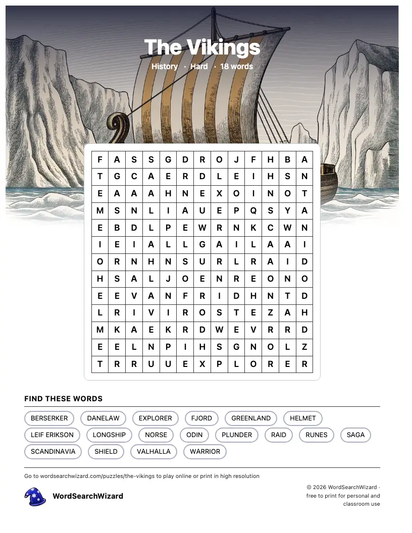 The Vikings word search printable sheet, 18 words to find