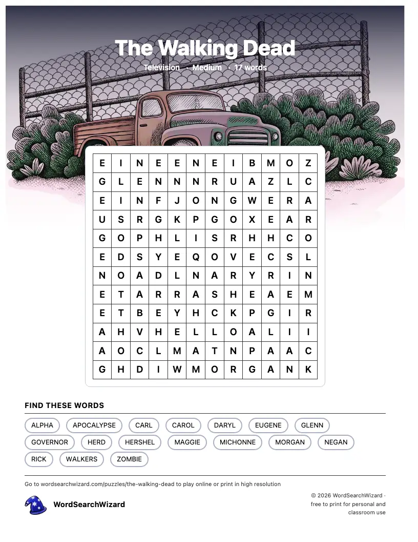 The Walking Dead word search printable sheet, 17 words to find