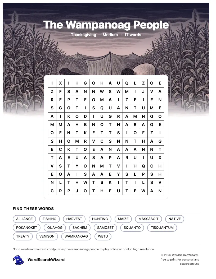 The Wampanoag People word search printable sheet, 17 words to find