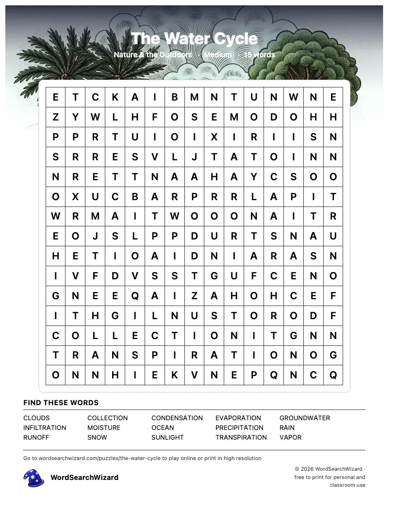 The Water Cycle word search printable sheet, 15 words to find