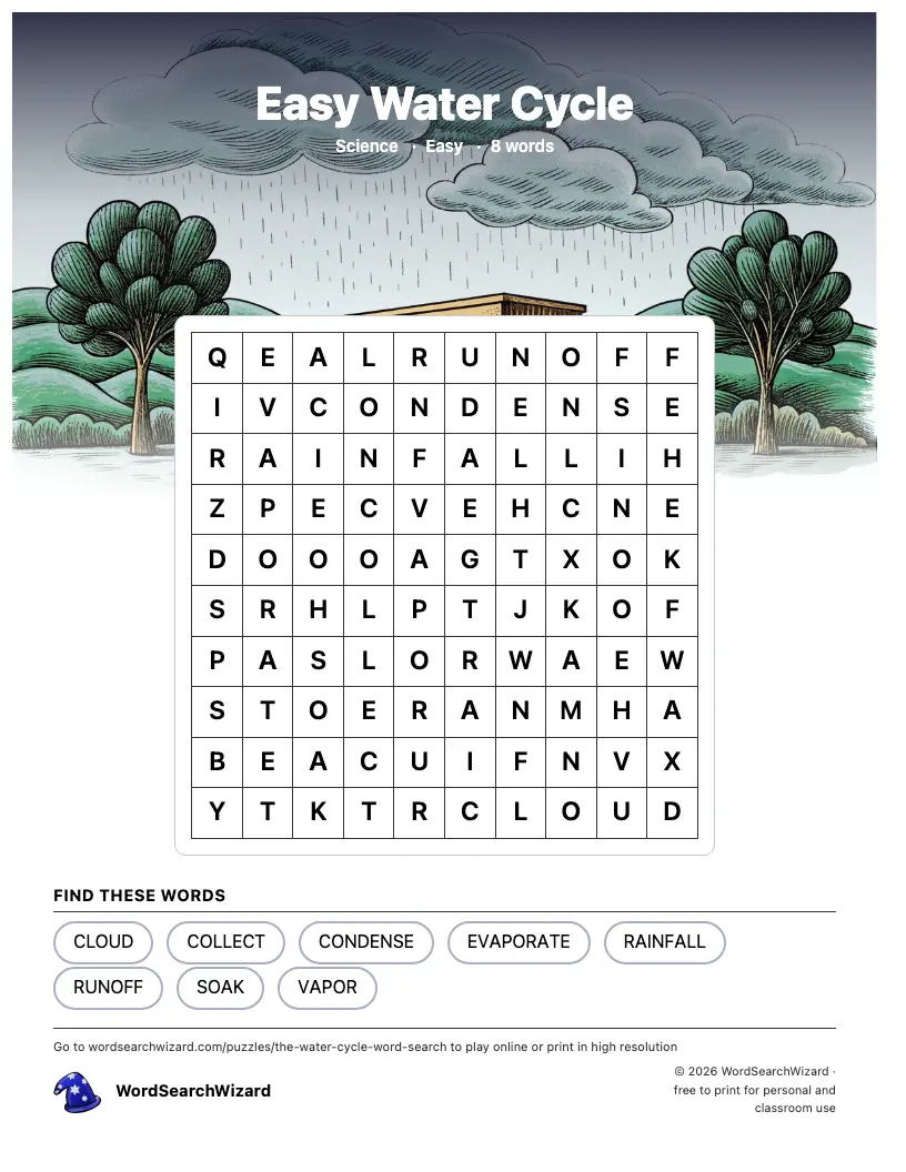 Easy Water Cycle word search printable sheet, 8 words to find