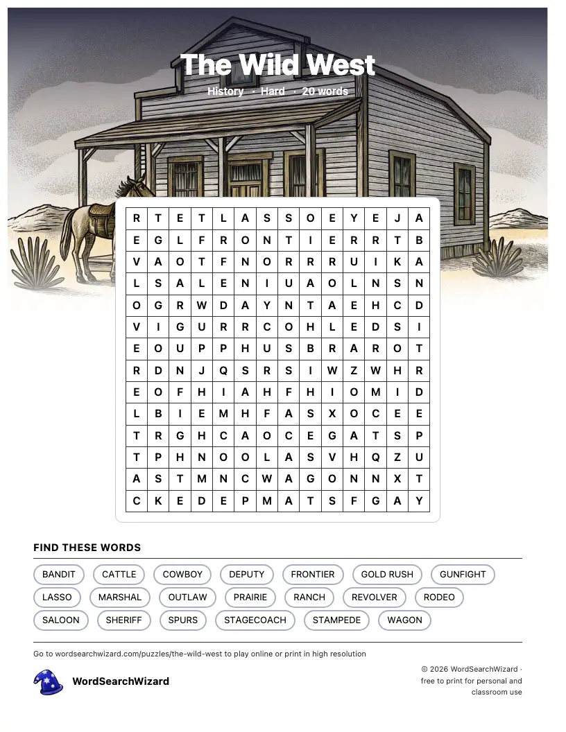 The Wild West word search printable sheet, 20 words to find