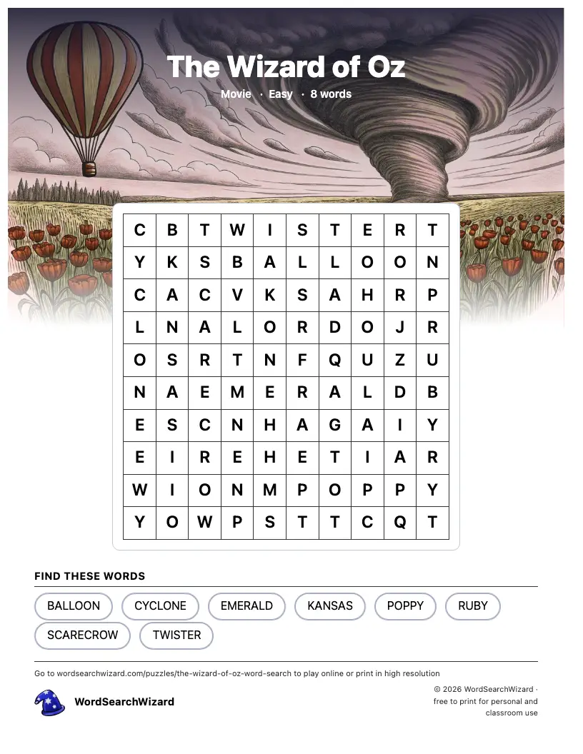 The Wizard of Oz word search printable sheet, 8 words to find