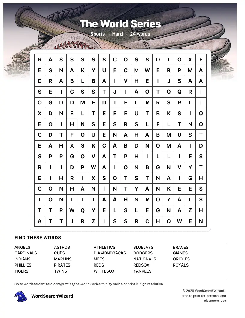 The World Series word search printable sheet, 24 words to find
