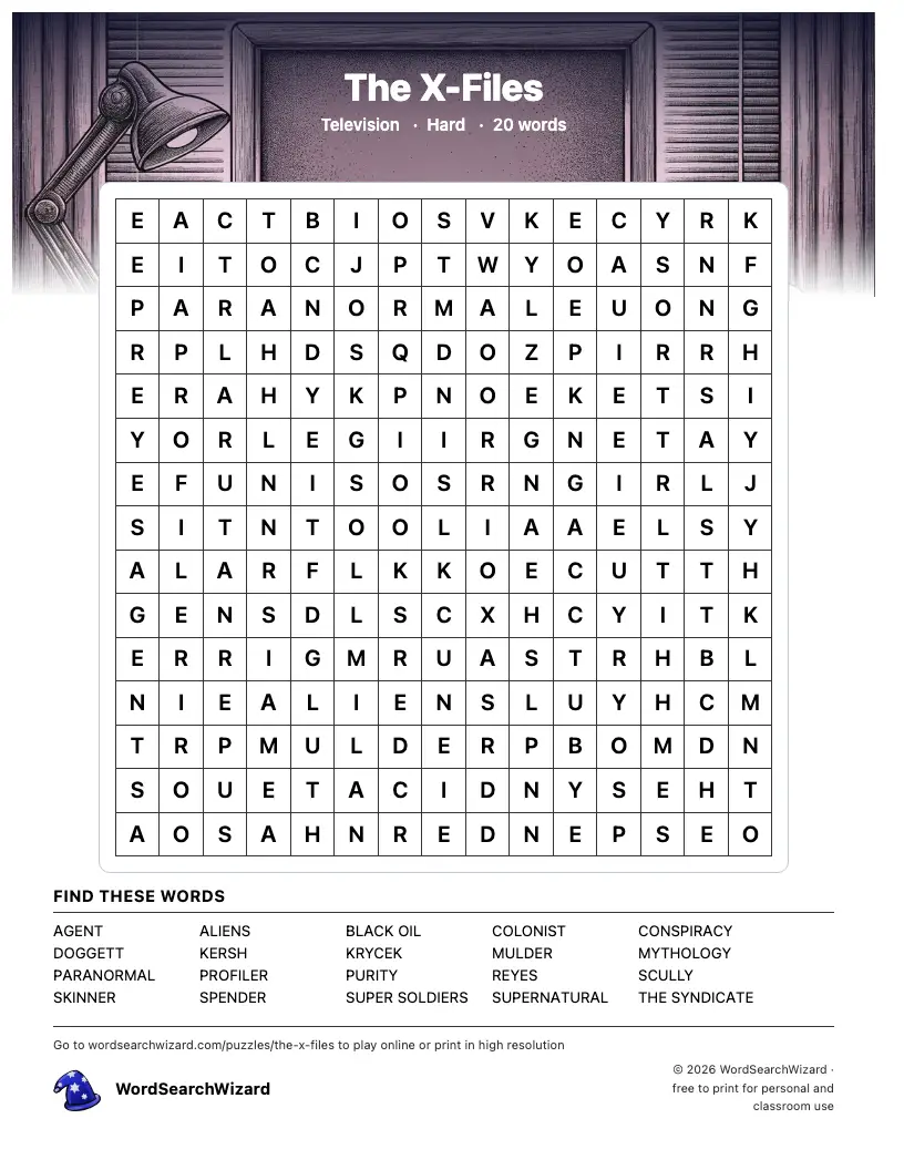 The X-Files word search printable sheet, 20 words to find