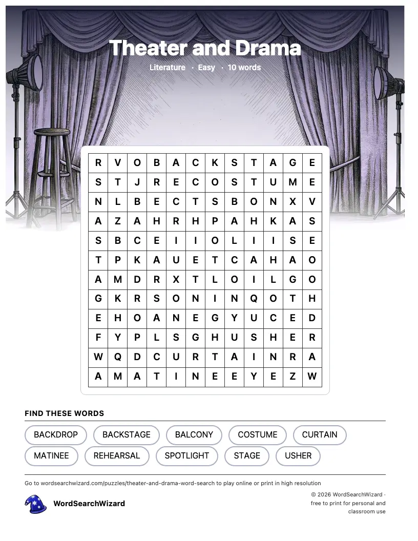 Theater and Drama word search printable sheet, 10 words to find
