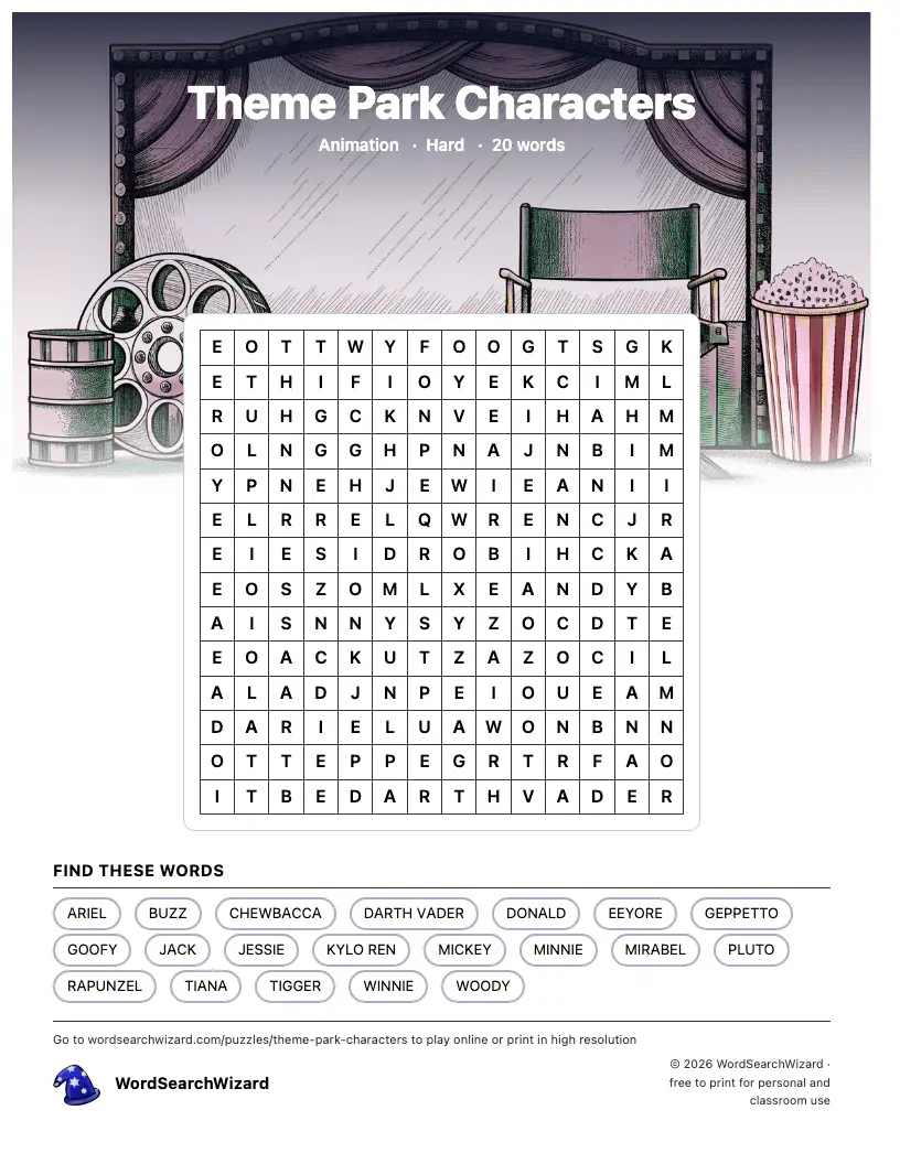 Theme Park Characters word search printable sheet, 20 words to find