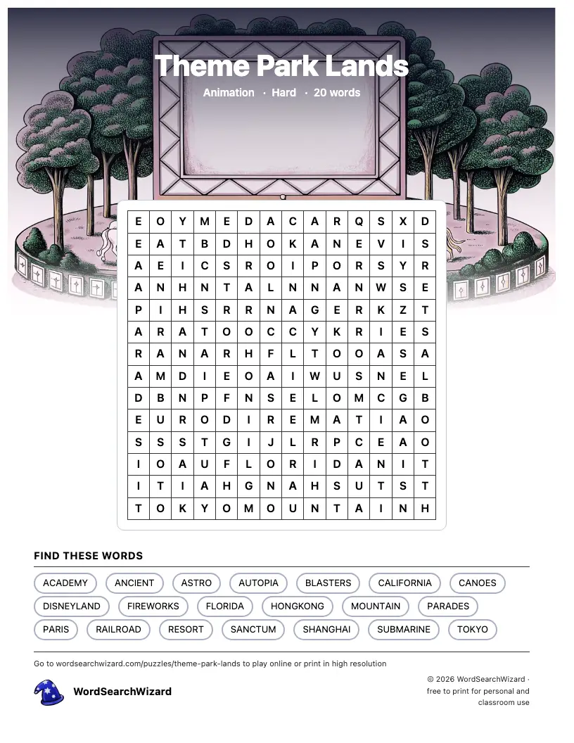 Theme Park Lands word search printable sheet, 20 words to find
