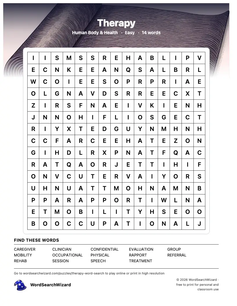 Therapy word search printable sheet, 14 words to find
