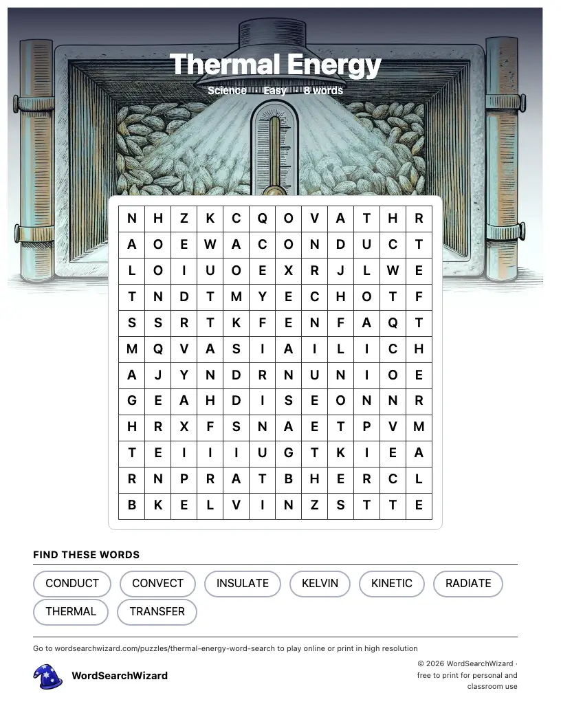 Thermal Energy word search printable sheet, 8 words to find