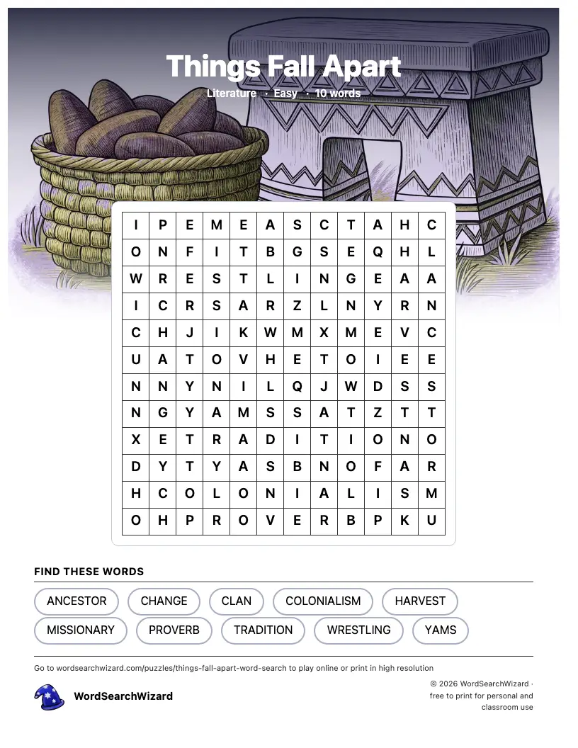 Things Fall Apart word search printable sheet, 10 words to find