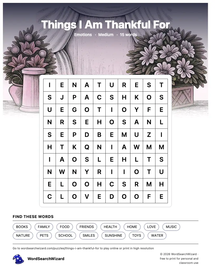 Things I Am Thankful For word search printable sheet, 15 words to find