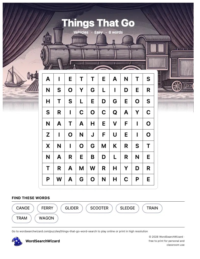 Things That Go word search printable sheet, 8 words to find