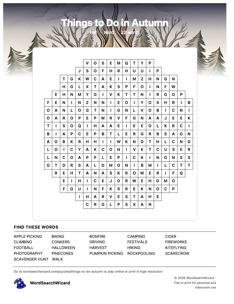 Things to Do in Autumn word search printable sheet, 22 words to find